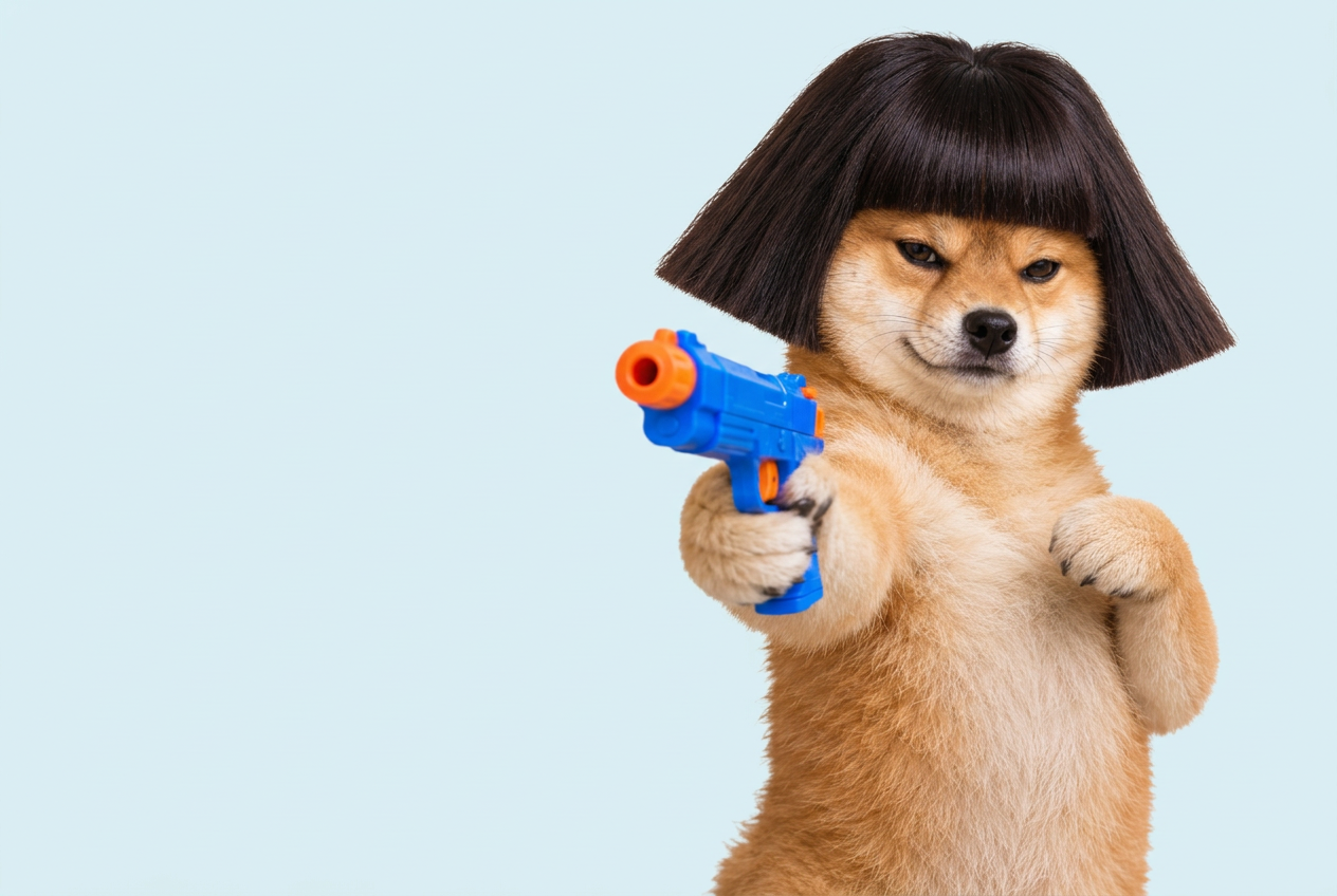 Frank, a Shiba Inu with a black bob haircut and a blue and orange toy water pistol